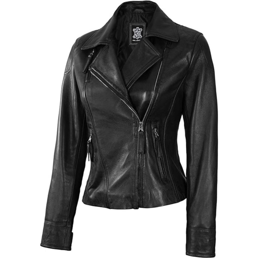 Women's black leather jacket made from 100% genuine lambskin leather.